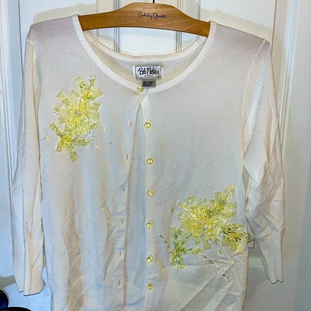 Bob Mackie Cream Cardigan with Lime Green, Tulle Flowers